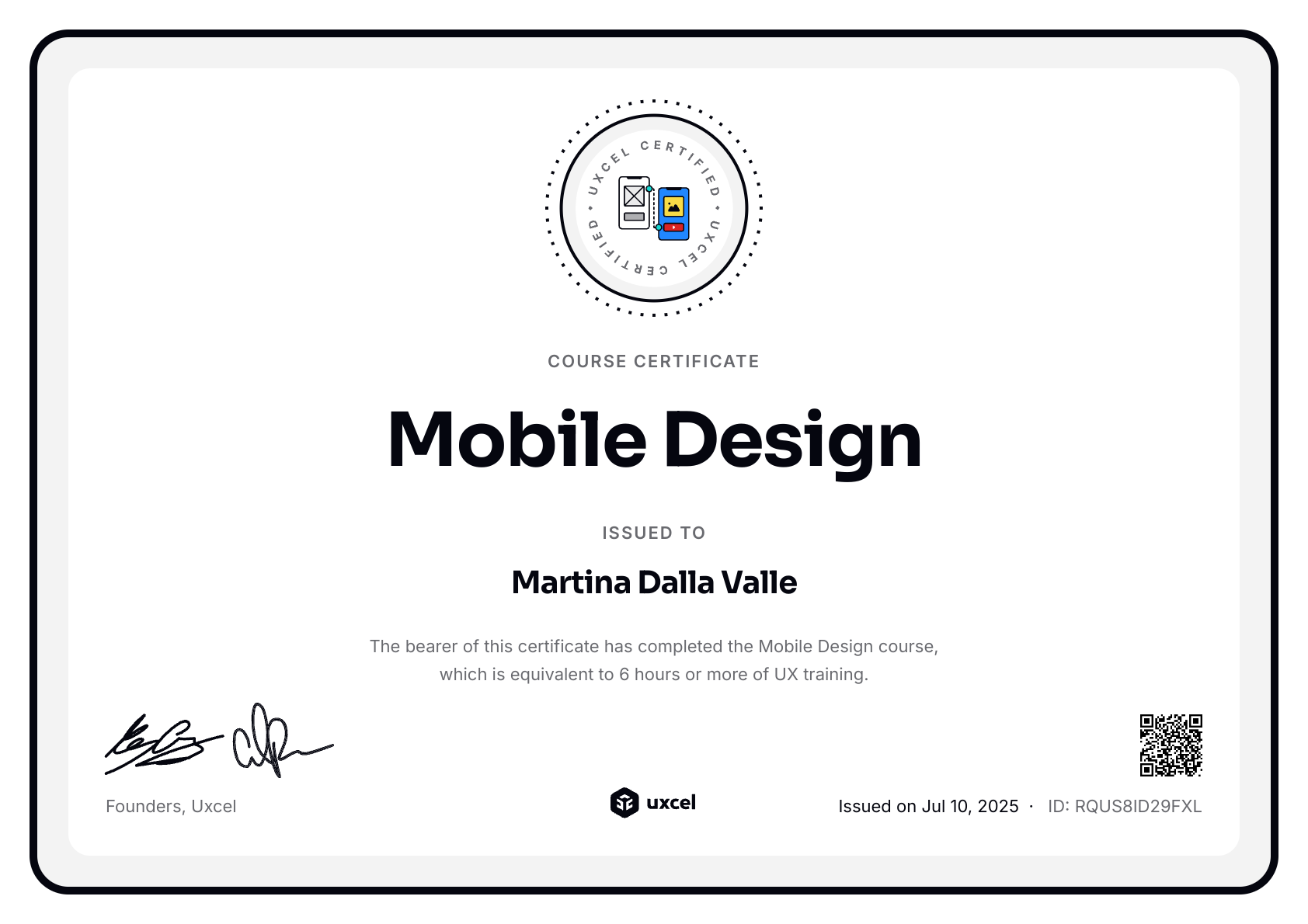 Martina Dalla Valle's certificate